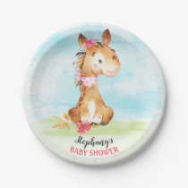 Watercolor Girl Horse Baby Shower Farm Paper Plates