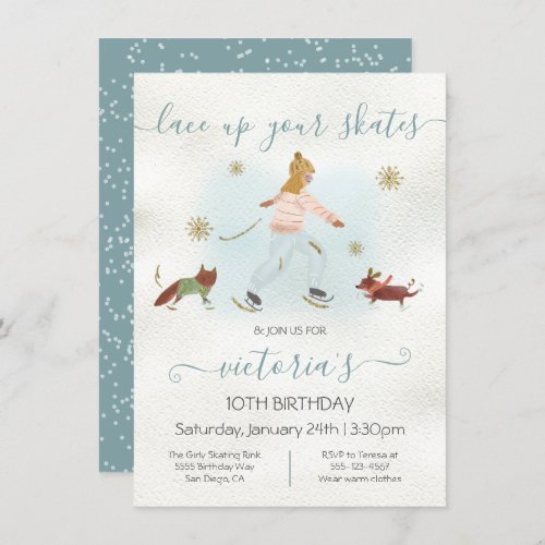 Watercolor Girl Ice Skating Snow Birthday Party In Invitation