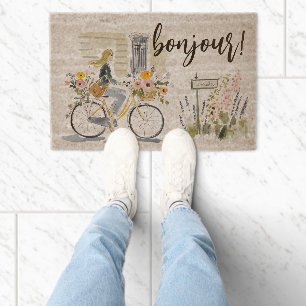 Watercolor Girl in the Bicycle Bonjour! Fiber Doormat