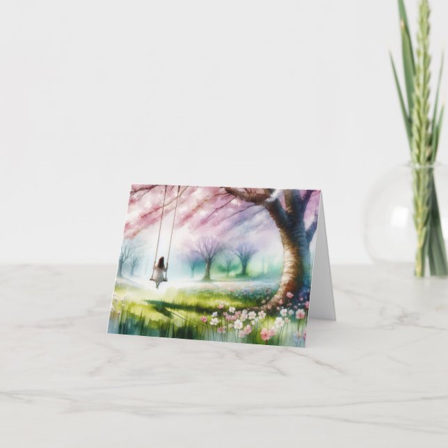 Watercolor Girl On a Swing Holiday Card (Front)