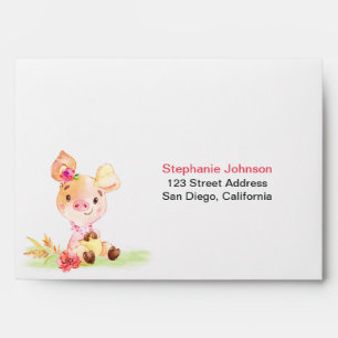 Watercolor Girl Piggy Baby Shower Farm Envelope