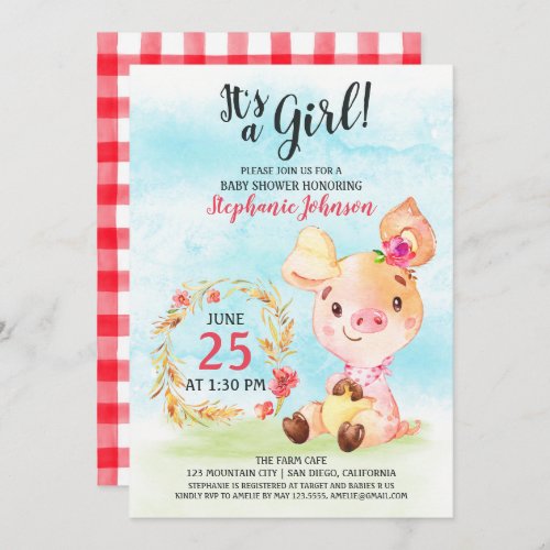 Watercolor Girl Piggy Baby Shower Farm Invitation