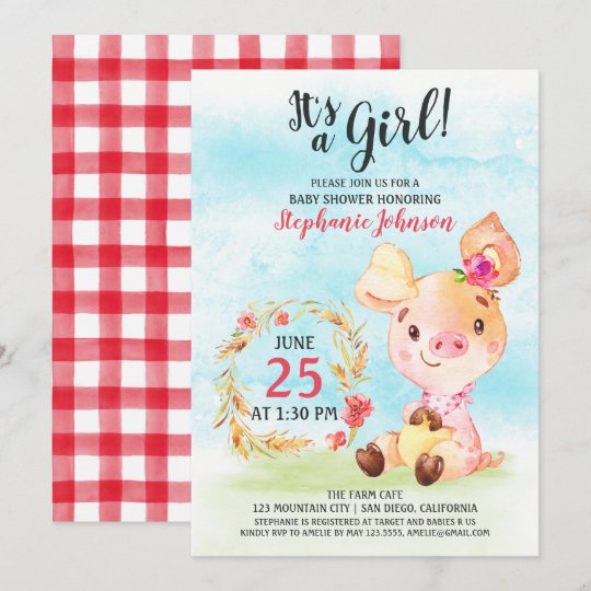 Watercolor Girl Piggy Baby Shower Farm Invitation | Zazzle.com