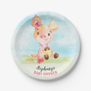 Watercolor Girl Piggy Baby Shower Farm Paper Plates