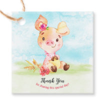 Watercolor Girl Piggy Baby Shower Farm Thank You Favor Tags