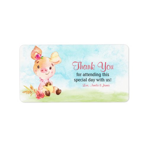 Watercolor Girl Piggy Baby Shower Farm Thank You Label