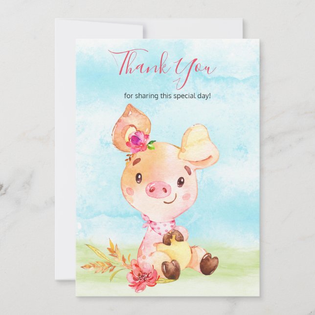 Watercolor Girl Piggy Farm Thank You Card (Front)