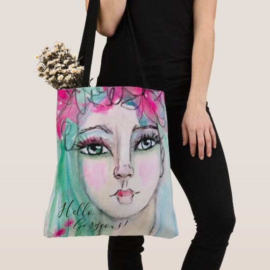 Watercolor Girl Pink Flower Crown Artistic Fun Tote Bag