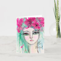 Watercolor Girl Pink Flowers Whimsical Art Note Card