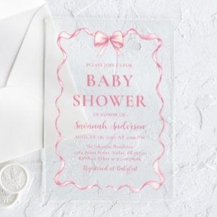 Watercolor Girl Ribbon Blush Pink Bow Baby Shower Acrylic Invitations