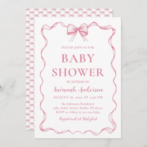 Watercolor Girl Ribbon Blush Pink Bow Baby Shower Invitation
