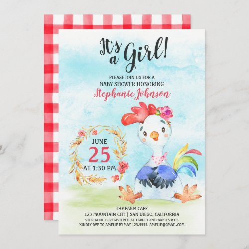 Watercolor Girl Rooste Baby Shower Farm Invitation