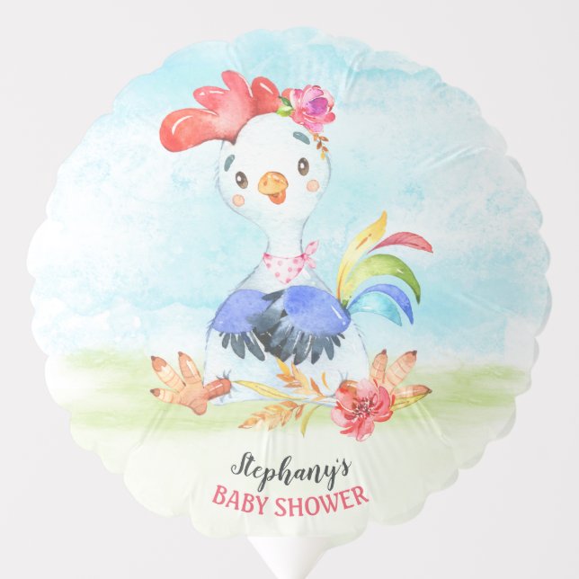 Watercolor Girl Rooster Baby Shower Farm Balloon (Front)
