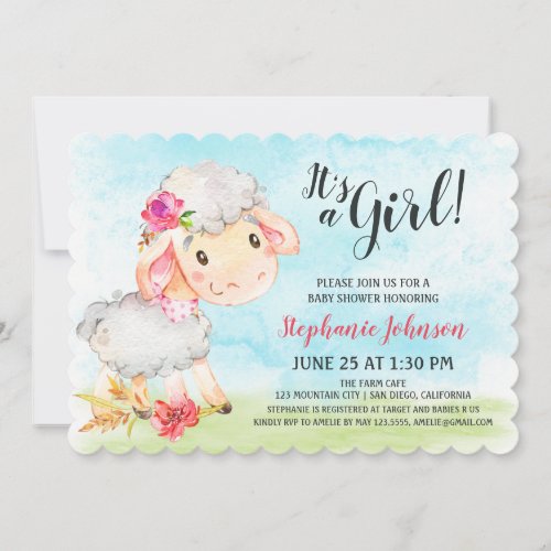 Watercolor Girl Sheep Baby Shower Farm Invitation