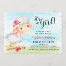 Watercolor Girl Sheep Baby Shower Farm Invitation