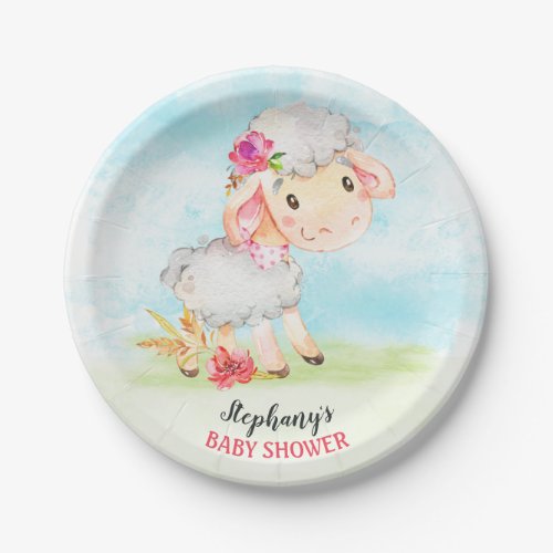 Watercolor Girl Sheep Baby Shower Farm Paper Plates