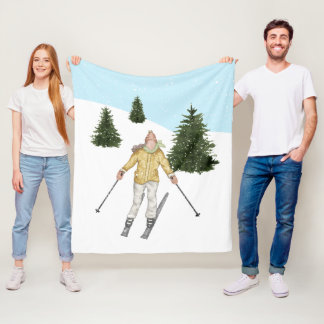 Watercolor Girl Skiing In Snowy Winter Scene Fleece Blanket