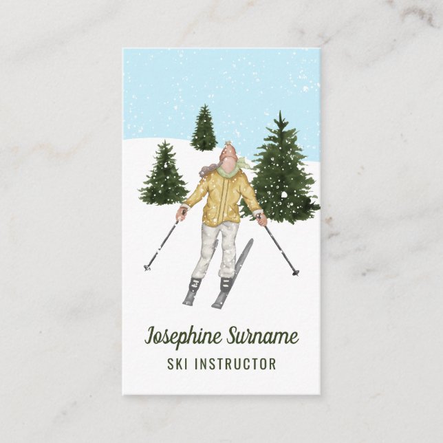 Watercolor Girl Skiing On Slopes Ski Instructor Business Card (Front)