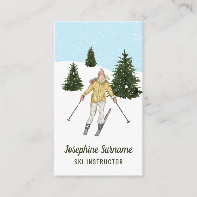 Watercolor Girl Skiing On Slopes Ski Instructor Business Card (Front)