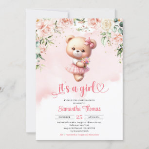 Watercolor girl teddy bear with heart and flowers invitation