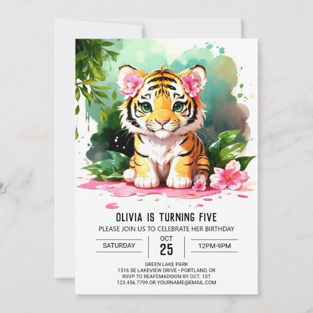 Watercolor Girl Tiger Custom Birthday Invitation (Front)