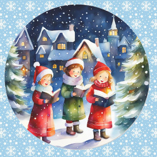 Watercolor Girls Christmas Carols in Snow Classic Round Sticker