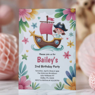 Watercolor Girls Pirate 2nd Birthday Party Invitation