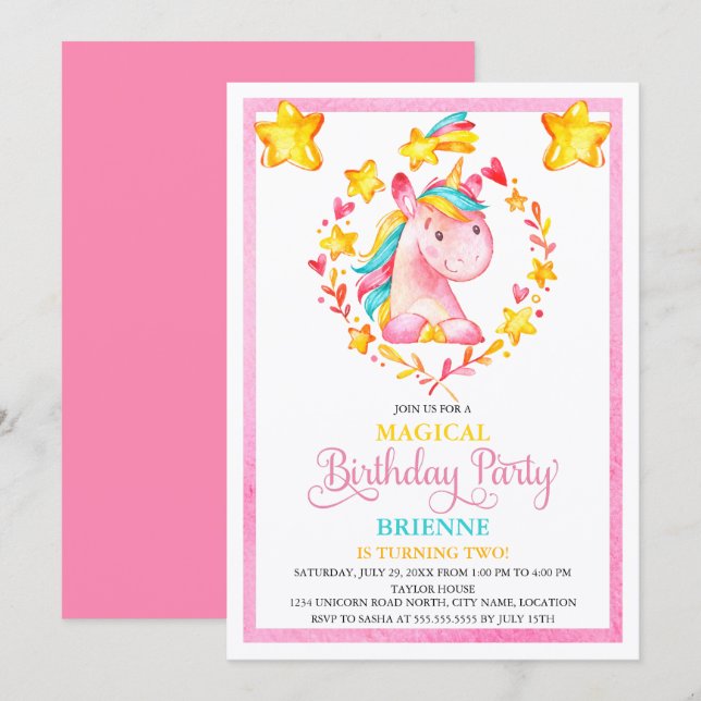 Watercolor Girl's Unicorn Birthday Party Invitation (Front/Back)