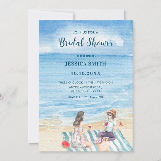 Watercolor Girls vibing at the beach bridal shower Invitation (Front)