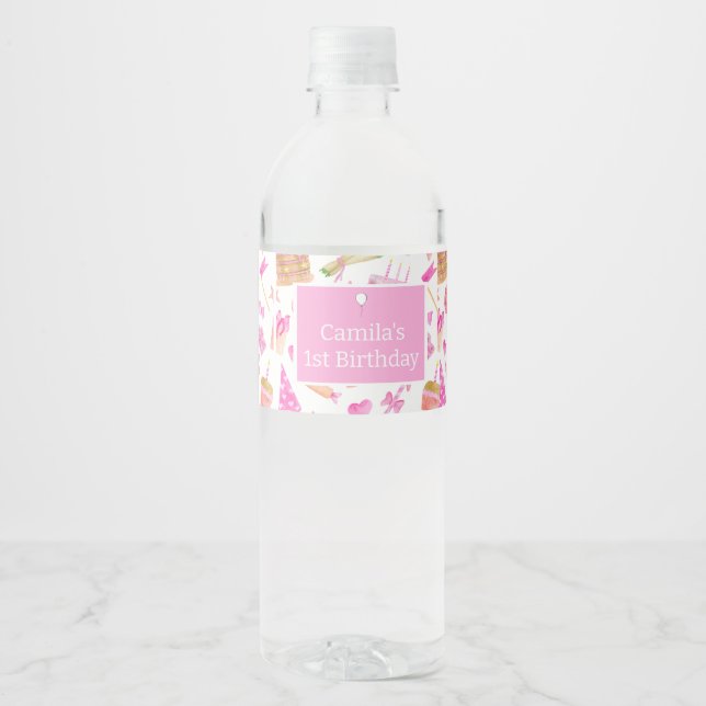 Watercolor Girly Birthday Pink Pattern Custom  Water Bottle Label (Front)