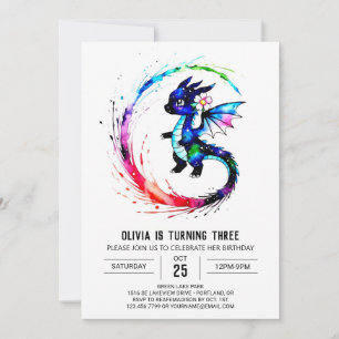 Watercolor Girly Dragon Digital Girl Birthday Invitation