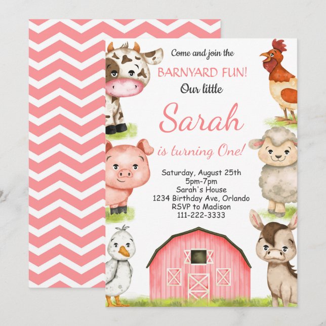Watercolor Girly Farm Animals Birthday Invitation (Front/Back)