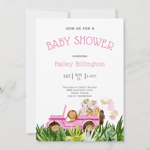Watercolor Girly Pink Safari Jungle Baby Shower Invitation