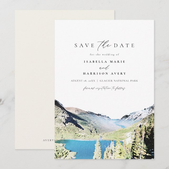 Watercolor Glacier National Park Save the Date Invitation (Front/Back)