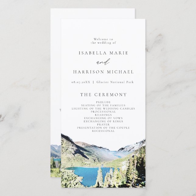 Watercolor Glacier National Park Wedding Program (Front/Back)