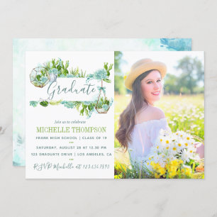 Watercolor Glass Terrarium Succulent Graduation Invitation