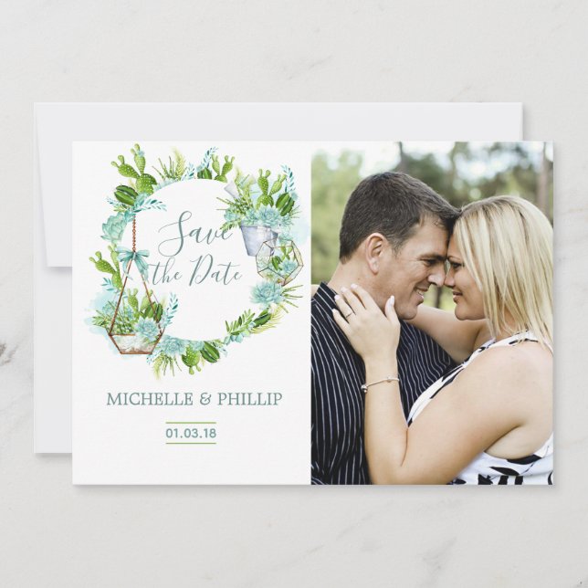 Watercolor Glass Terrarium Succulent Save the Date (Front)