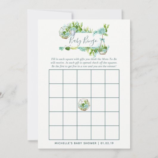 Watercolor Glass Terrarium Succulents Baby Bingo (Front)