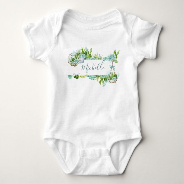 Watercolor Glass Terrarium Succulents Baby Shower Baby Bodysuit (Front)