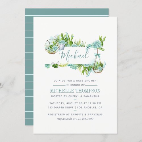 Watercolor Glass Terrarium Succulents Baby Shower Invitation