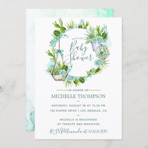 Watercolor Glass Terrarium Succulents Baby Shower Invitation