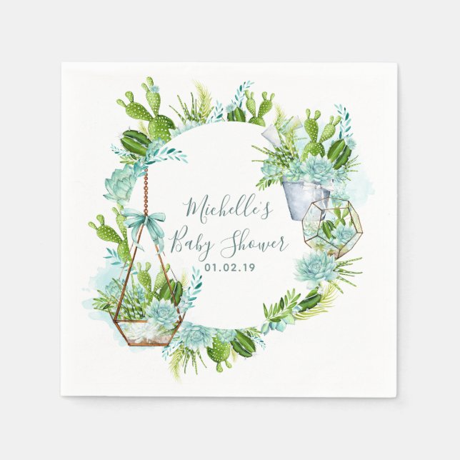 Watercolor Glass Terrarium Succulents Baby Shower Paper Napkins (Front)