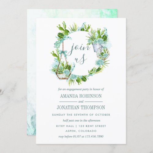 Watercolor Glass Terrarium Succulents Engagement Invitation