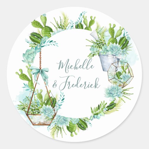 Watercolor Glass Terrarium Succulents Wedding Classic Round Sticker