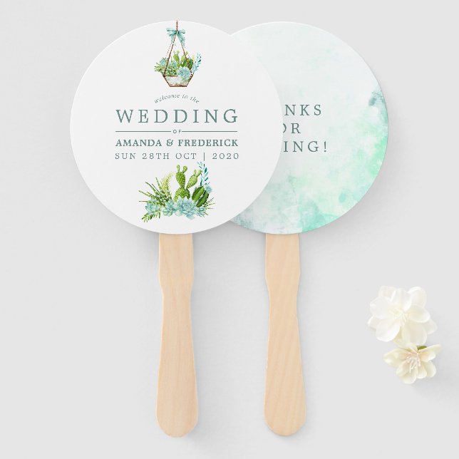 Watercolor Glass Terrarium Succulents Wedding Hand Fan (Front and Back)