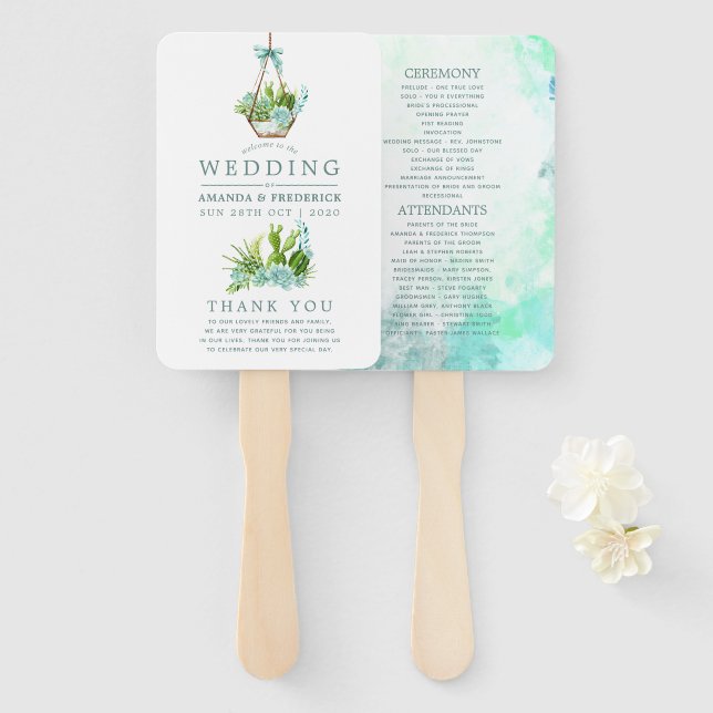 Watercolor Glass Terrarium Succulents Wedding Hand Fan (Front and Back)