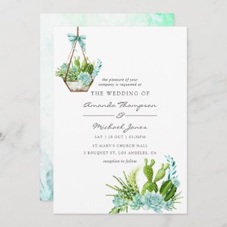 Watercolor Glass Terrarium Succulents Wedding Invitation