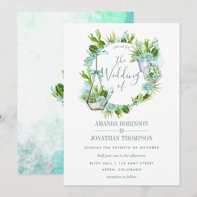 Watercolor Glass Terrarium Succulents Wedding Invitation (Front/Back)