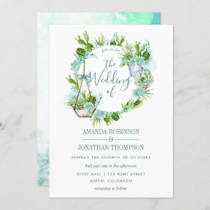 Watercolor Glass Terrarium Succulents Wedding Invitation