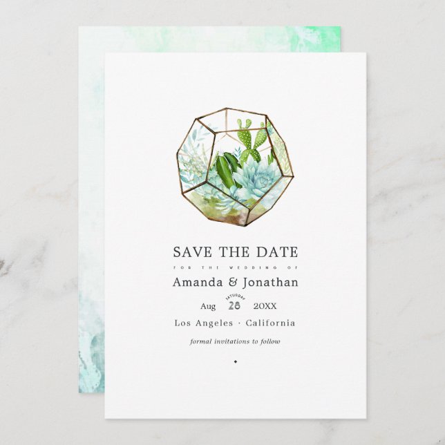 Watercolor Glass Terrarium Succulents Wedding Save The Date (Front/Back)